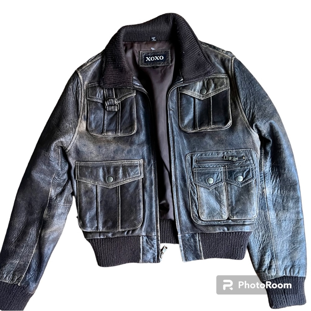 Vintage distressed Y2K leather jacket by XOXO.